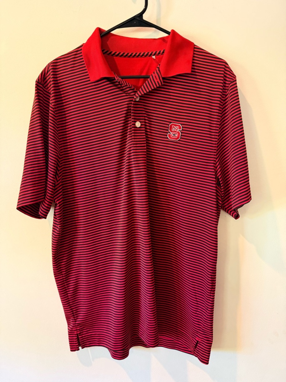 Cutter & Buck NC State Red and Black Striped Men’s Polo with Embroidered Logo